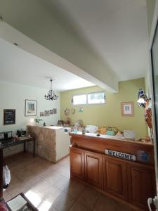 a living room with a kitchen with a counter at Zoe Pension in Ermioni