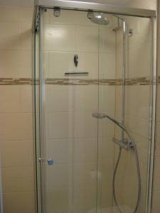 La salle de bains est pourvue d'une douche avec une porte en verre. dans l'établissement Haus-Quisisana-App-6, à Westerland