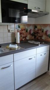 a kitchen with white cabinets and fruits and vegetables on the wall at Ferienwohnung-Ullmann in Ehrenfriedersdorf