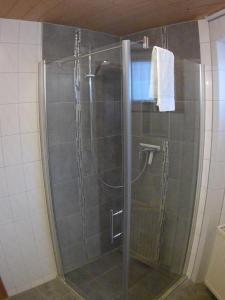 ハイトミューレにあるFerienhaus-Haidweg-Wohnung-6のバスルーム(ガラスドア付きのシャワー付)