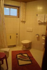 a bathroom with a toilet and a red rug at Ferienhaus-Haidweg-Wohnung-6 in Haidmühle