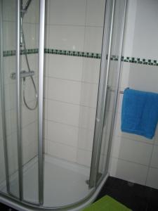 a bathroom with a shower with a blue towel at Kleines-Ferienhaus-bei-Lueneburg in Bardowick