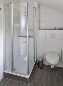 y baño con ducha y aseo. en Ferienwohnung-England, en Nordstrand