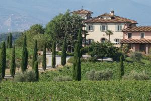 una fila de cipreses frente a una casa en Poggio al Casone en Crespina