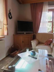 ein Wohnzimmer mit einem TV und einem Couchtisch in der Unterkunft Aalener Haus Wohnung 3 in Oberstdorf