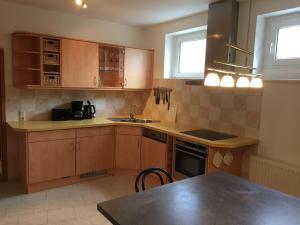 a kitchen with wooden cabinets and a sink and a table at Kleine-Mietidee in Markranstädt