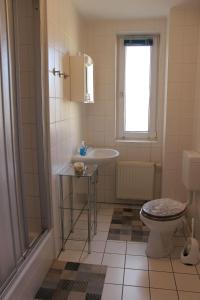 La salle de bains est pourvue d'un lavabo et de toilettes. dans l'établissement Ferienwohnung-Amsel-kinderfreundliche-Unterkunft-in-zentraler-Lage, à Bergen auf Rügen