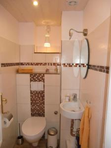 een kleine badkamer met een toilet en een wastafel bij Traumhafte-Ferienwohnung-Kaethi in Flensburg