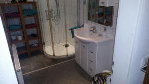 a bathroom with a sink and a shower at Ferienwohnung-Burgblick-in-Neuravensburg in Haggen
