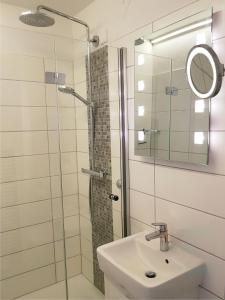 a bathroom with a shower and a sink and a mirror at Studiowohnung-Bernstein in Schilksee