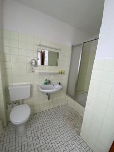 a bathroom with a toilet and a sink at Hotel Seehaus in Horn-Bad Meinberg