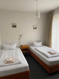 a room with two beds and a chandelier at Hotel Seehaus in Horn-Bad Meinberg