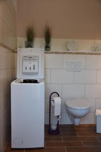 a small bathroom with a stove and a toilet at Bungalow-Gartenzauber in Grube