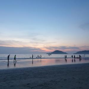 a group of people playing on the beach at sunset at Palm Forest Palolem in Palolem