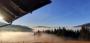 Una vista de un valle brumoso con árboles y el sol. en Bucovina Sky View, en Gura Humorului