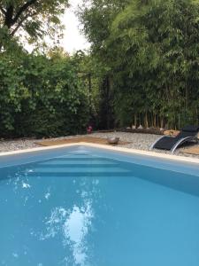 una piscina azul con una silla y árboles en Villa Léovil, en Saint-Pompont