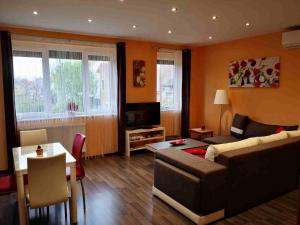 a living room with a couch and a table at Zafír Sziget Apartman in Sárvár