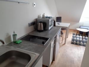 a kitchen with a sink and a microwave at Attic rooms at Laisves avenue in Kaunas +5 photos