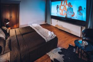 a bedroom with a bed and a big screen tv at Apartmány Jedovnice in Jedovnice