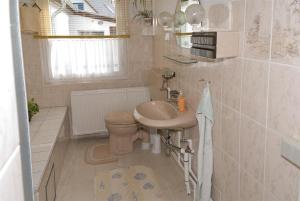 ein Bad mit einem Waschbecken und einem WC in der Unterkunft Preisgünstige und gemütliche Ferienwohnung am Wieker Bodden in Wiek auf Rügen 