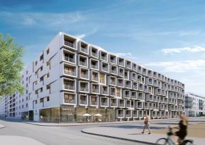 a rendering of a large white building on a street at München-Riem my room Apartment an der Messe in Munich