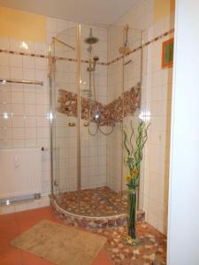 a bathroom with a shower with a vase of flowers at Sonnenschein in Sassnitz