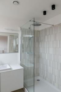een glazen douche in een badkamer met een wastafel bij Savoie in Brussel