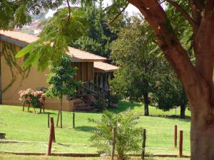 a building in a park with a tree at Hotel Fazenda Jacaúna in Brotas