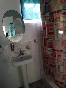 a bathroom with a sink and a mirror at Polish Princess Guest House in Port Antonio