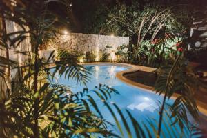 a swimming pool in a garden at night at Hotel Aires Bacalar in Bacalar