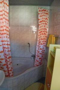 a bathroom with a bath tub with a shower curtain at Ferienwohnung-Familie-Hempel in Hohendorf