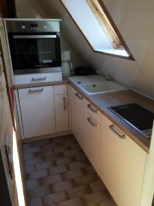a small kitchen with a sink and a microwave at Altes-Landhaus-Ferienwohnung-Schleswig-Holstein in Wendtorf
