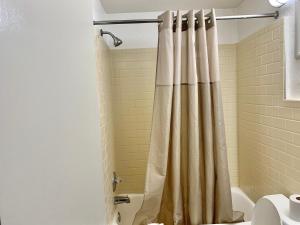 a bathroom with a shower curtain and a toilet at Scottish Inns and Suites- Bordentown, NJ in Bordentown