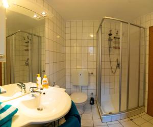 y baño con lavabo, ducha y aseo. en Ferienhaus-Butterblume, en Papenburg