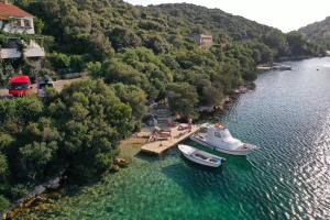 two boats are docked at a dock in a lake at Apartmani Jagoda in Lastovo
