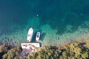 two boats are docked on a island in the water at Apartmani Jagoda in Lastovo