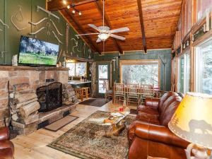 a living room with a couch and a fireplace at Treehouse On The Stream Sundance, Utah in Sundance