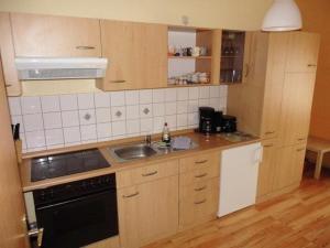 eine kleine Küche mit Holzschränken und einem Waschbecken in der Unterkunft Sehr schöne 4 Raum Maisonette-Fewo mit 100qm + zentral & preiswert - T9 in Dresden