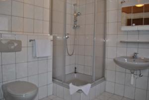 a bathroom with a shower and a toilet and a sink at Zur Alten Dampfsäge - Gasthaus-Pension Weber in Lindberg +22 photos