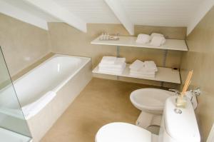 a bathroom with a toilet and a bath tub at Los Ponchos Hotel in El Calafate
