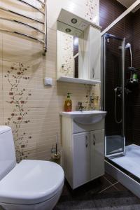 e bagno con servizi igienici, lavandino e doccia. di 8 Svyatoho Teodora Square Apartments a Lviv