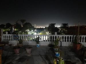 a white fence with potted plants and palm trees at night at Luxor Bella Vista Apartments and Hotel in Luxor