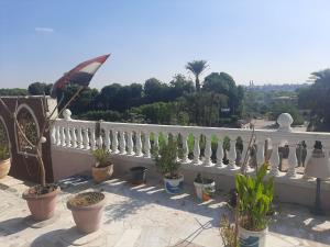 uma cerca branca com vasos de plantas e um guarda-chuva em Luxor Bella Vista Apartments and Hotel em Luxor