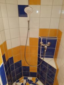 y baño con ducha y azulejos azules y blancos. en Ferienwohnung Kristina, en Bad Mitterndorf
