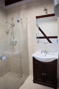 La salle de bains est pourvue d'un lavabo et d'une douche en verre. dans l'établissement Domki Szachulcowo, à Jarosławiec