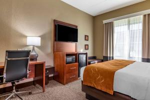 Habitación de hotel con cama, escritorio y TV. en Comfort Suites Grand Rapids South, en Grand Rapids