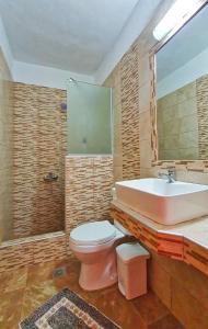 La salle de bains est pourvue de toilettes roses et d'un lavabo. dans l'établissement Villa Pirofani, à Sarti