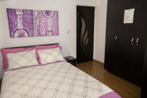 SânâteştiにあるCasa Relaxのベッドルーム1室(ピンクと白の掛け布団付きのベッド1台付)