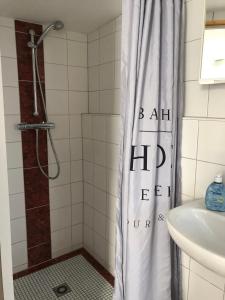 a shower with a white shower curtain in a bathroom at Agnieszkas Pension in Havelberg