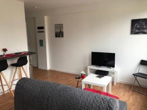 a living room with a couch and a flat screen tv at HYPER CENTRE - WIFI FIBRE GRATUIT - JERGWELOH - Le Parisien in Caen